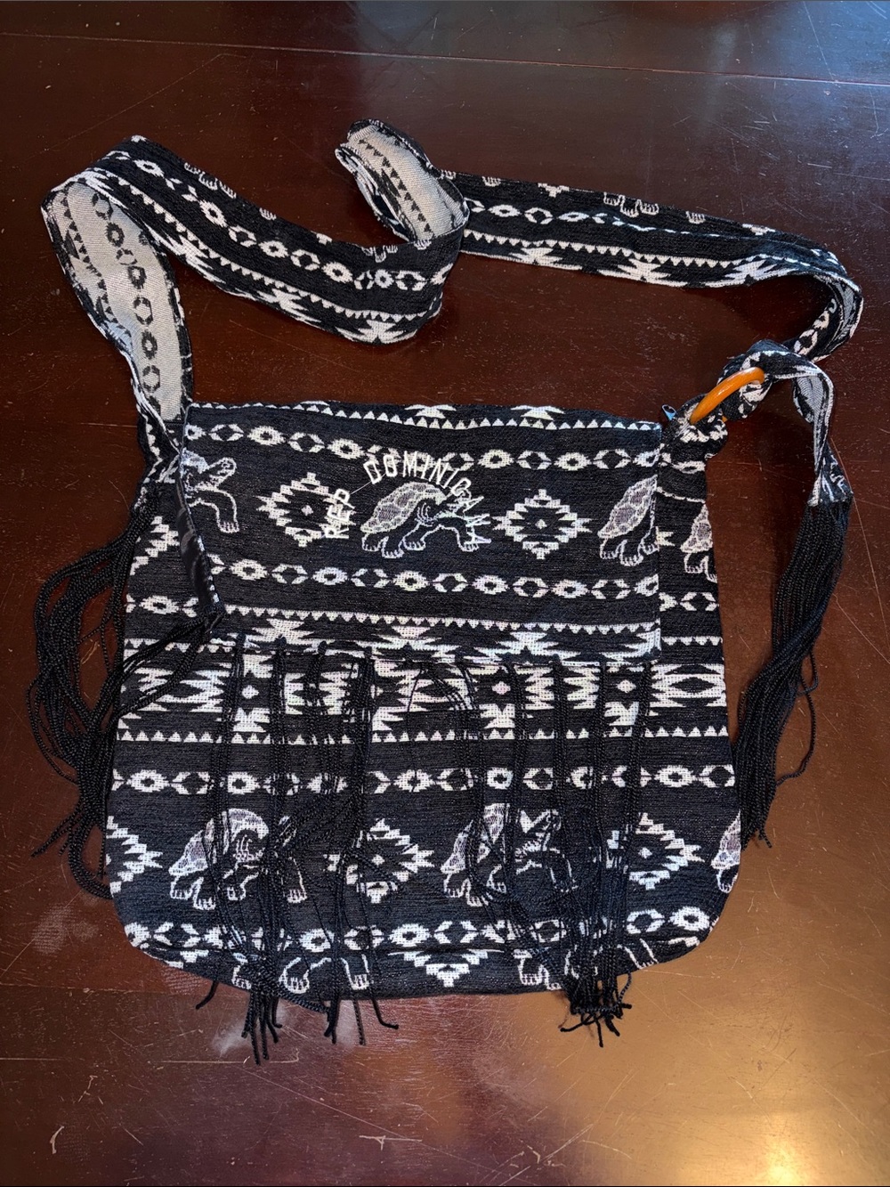 Black & White Woven Fringe Crossbody Bag - Boho Style